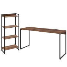 Kit Escritório Estante 4 Prateleiras Com Mesa 150Cm Nogal - LYAM DECOR
