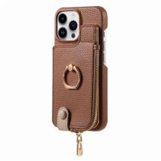Carteira de couro com zíper com porta-cartão capa de telefone para iPhone 13 12 Mini 15 14 11 Pro Max XS XR X 7 8 Plus Ring Kickstand Cover, marrom, para iPhone Xs Max