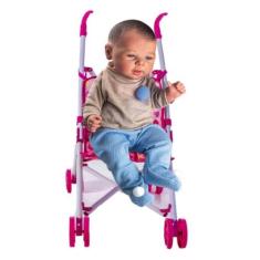 Kit Boneca Bebê Reborn Menino Azul + Carrinho de Boneca Rosa - DM Toys
