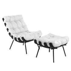 Poltrona E Puff Decorativos Sala De Estar Costela Base Preta Couro Branco - Gran Belo