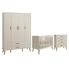 Dormitório Infantil Isis Guarda Roupa 4 Portas, Cômoda e Berço Areia -