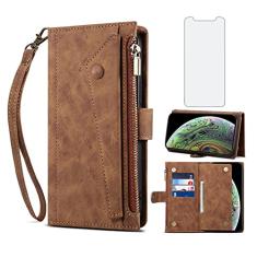 Capa de telefone para iPhone Xs Max capa carteira com protetor de tela de vidro temperado e alça de ombro transversal alça de pulso flip zíper suporte para cartão celular i X XR Xsmax 10x SX Xmax 10xs