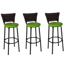 Kit 3 Banquetas Médias Preta com Encosto Junco Argila Assento Verde