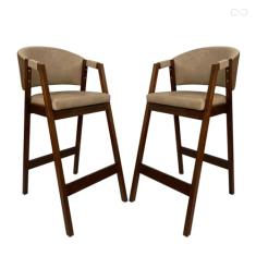 Kit 2 Banquetas Alta de Madeira Maciça Capuccino Ravena com Encosto Sintético Marrom Bege CCS