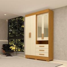 Guarda-Roupa Solteiro 119,60cm 4 Portas 3 Gavetas Capelinha com Espelho 100% MDF Débora Cinamomo/Off White