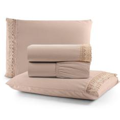 Jogo Cama Lençol Haia King Percal 200 Fios 100% Algodão Guipir Bordado Inglês 4 Peças - Avelã