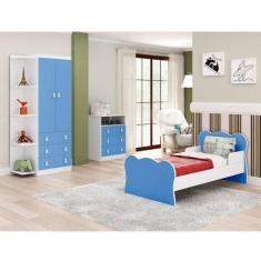 Quarto Infantil Guarda Roupa 2 Portas 3 Gavetas Cômoda 3 Gavetas 1 Nicho Mini Cama DJD Móveis Azul/Branco