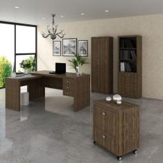 Conjunto Home Office 4 Peças 1 Escrivaninha em L 1 Gaveteiro 1 Armário 1 Estante Espresso Móveis Nogal