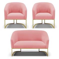 Namoradeira E 2 Poltronas Base Industrial Dourado Stella Suede D03 - D`rossi Cor Rose