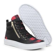 Tênis Sneaker Cano Alto Feminino Cadarço Zíper Estilo Macio Preto Xadr