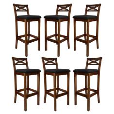 Kit 6 Banquetas Alta X Estofada 38x103Cm Ilha Encosto Madri Madeira Maciça Pinhão Suede Preto CCS