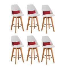Kit 06 Banquetas Alta Maya Giratória Com Encosto Gourmet Linho Bege e Almofada Sintético Vermelho - Aurora Line