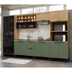 Cozinha Modulada Completa em MDF 6 Peças Lombardia com Portas de Vidro 350cm - cor Freijó Jade
