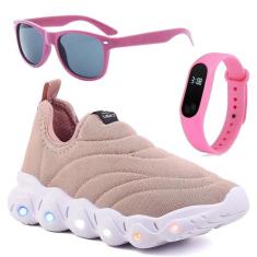 Tenis Infantil De Led Calce Facil Elastico Meninas Feminino + Oculos Relogio-Feminino