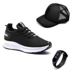 Kit Tênis Esportivo Calce Facil Masculino com Cadarço Relógio e Boné-Masculino