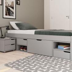 Cama Solteiro Madeira Maciça com 3 Gavetas e 1 Mesa de Cabeceira Charme Cool Grey