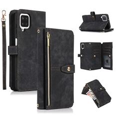 UEEBAI Capa para Samsung Galaxy A12 5G/Samsung Galaxy M12, 9 compartimentos para cartões, carteira de couro à prova de choque, capa flip com alça de mão, compartimentos para cartões, bolso com zíper,