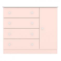 Cômoda Infantil Doce Sonho 4 Gavetas 1 Porta Acabamento Brilhante Rosa para Quarto com Montagem