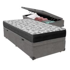 Cama Box com Baú Cinza Solteiro e Colchão Ortobom D33 ISO100