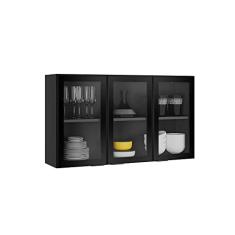 Armário Aéreo Alto C/vidro Cozinhas Itatiaia Exclusive - 3 Portas - Grafite, Cor: Grafite/Preto Matte