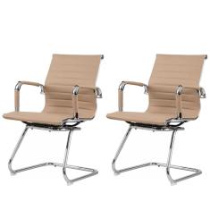  Kit 2 Cadeiras Office Manhattan Esteirinha Fratini Revestida Em Poliuretano (Pu) Bege Base Fixa Cromada