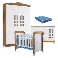 Quarto de Bebê New Selena 4 Portas com Cômoda Gran Selena e Berço Mirelle Branco Acetinado Amadeirado e Colchão Ortobom – Carolina Móveis