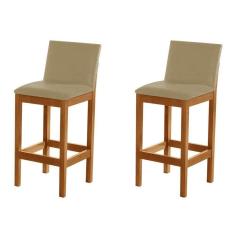 Kit 2 Banquetas Alta Pérola Com Encosto Estofada Em Veludo Bege Madeira Maciça Castanho