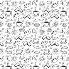 Papel De Parede Branco E Desenhos Preto Chá Pão Café Rosca