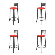 Kit 4 Banquetas Altas 003 Com Encosto Assento Preto/Vermelho