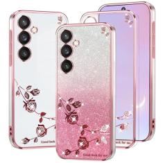 Kainevy Capa de telefone para Samsung Galaxy S23 FE capa transparente com glitter rosa floral para mulheres meninas linda capa brilhante para Samsung S23 FE capa de silicone à prova de choque fina