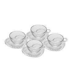 WOLFF - Conjunto 4 Xícaras de Chá de Cristal com Pires Coração 180ml - Linha Pearl