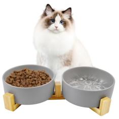 MUYG Tigelas de cerâmica para gatos com suporte de bambu, conjunto de tigela de comida e água para cães pequenos, sem derramamento, pratos modernos e pesados para cães pequenos, filhotes, gatos,