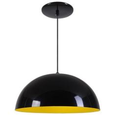 Pendente Meia Lua 34cm Luminária Alumínio Preto Brilhante C/ Amarelo -