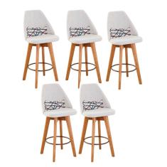 Kit 05 Banquetas Linho Bege E Almofada Linhas Coloridas