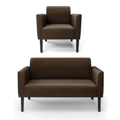 Sofá Namoradeira com Poltrona Base de Madeira Fixa Preto Marisa Suede Marrom  D03 - D'Rossi