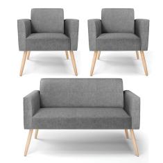 Sofá Namoradeira com 2 Poltronas Pés Palito Natural Marisa Linho Grafite A26 D03 - D'Rossi