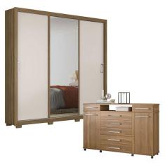 Cômoda London e Guarda Roupa Casal Residence Amêndola Off White com Pés - Demóbile