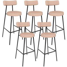Kit 05 Banquetas Altas Cozinha Bar Sala De Jantar Em Aço Milão L02 Linho Rosê - Lyam Decor
