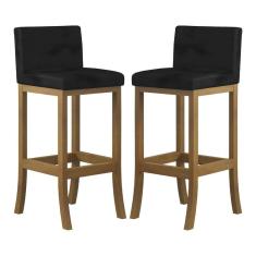 Kit 2 Banquetas Alta Encosto Estofado 38x100 Cm Ilha Espanha Madeira Maciça Amêndoa Suede Preto CCS