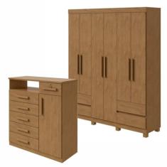 Conjunto de Guarda-roupa 6 Portas 4 Gavetas Zeus com Pése Cômoda 1 Porta 6 Gavetas 1 Nicho Da Vinci Amêndoa Clean