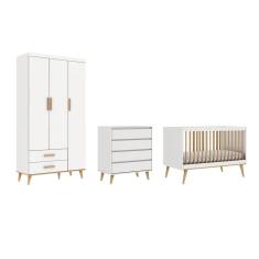Quarto de Bebê Berço 3 em 1 Cômoda Gaveteiro Guarda Roupa Retrô 3 Portas com Gavetas Branco com Bétula Carolina Baby