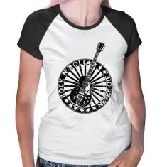 Baby Look Raglan Rock n Roll Never Die Guitarra - Foca na Moda, Branco