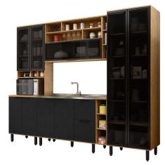 Cozinha Modulada Completa MDF 6 Peças Lombardia com Portas de Vidro 280cm- cor Freijó Nero