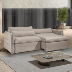 Sofá Cama Retrátil e Reclinável Veludo Bege Claro Aurora 200cm - Celfl