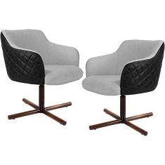 Kit 02 Poltronas Giratória Base X Jade D02 Linho Cinza C-315 Tressê Corano Preto - Lyam Decor