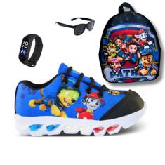 Tênis de Led Infantil Masculino Patrulha Canina + Mochila + Relógio + 