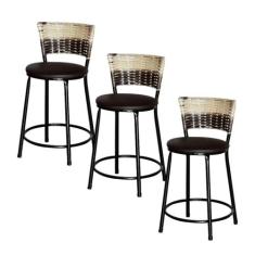 Jogo 3 Banqueta Baixa Ratan Hawai Preta Cappuccino Premium - Lamar Des