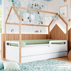 Cama Montessoriana Tivoli com Casinha e Grades de proteção com Cama Auxiliar - Branco