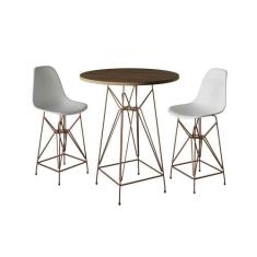 Jogo Mesa Bistrô Eames Tampo Amêndoa 60Cm 2 Banquetas Branca Base Ferr