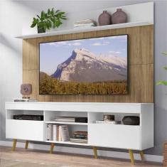 Rack com Painel TV 65&quot; Madri Multimóveis Branco/Rustic com Prateleira e Pés Retrô Natural